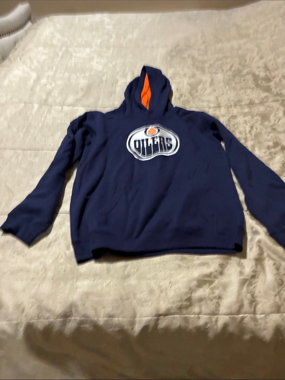 NHL Edmonton Oilers Navy Crewneck Hoodie with Orange Hood Lining